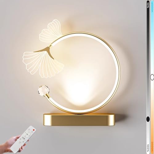 LOGT Kreis Wandleuchte LED Innen 18W Wandlampe Runde mit Fernbedienung Wandbeleuchtung Dimmbar Schwarz/Gold/Weiß 3000K-6000K Minimalistische Blätter Nachttischlampe für Flur Wohnzimmer,Gold von LOGT
