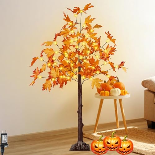 LOGT LED Ahorn Blätter Baumlicht Künstlich Baum Lampe Herbstdeko Baum Lichter mit Stecker und Kabel Stehlampen Innen und Außen Weihnachtsbaum mit Beleuchtung Warmweiß Lichtern Familienhof,120cm von LOGT