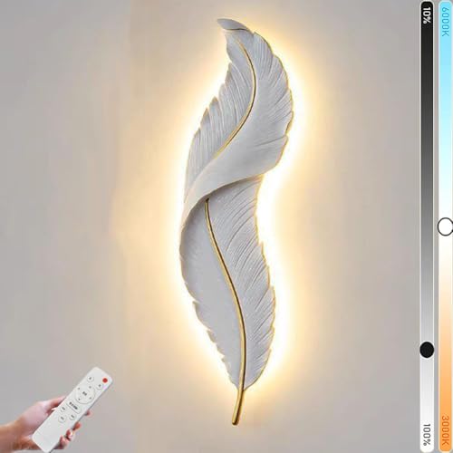 LOGT LED Feder Wandleuchte mit Fernbedienung 3000K–6000K Dimmbar Wandlampe Harzmaterial Weiße Feder Lichte 3 Helligkeitsstufen Wandbeleuchtung für Wohnzimmer Schlafzimmer Modern Heimdekoration,65CM von LOGT