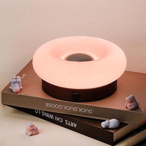 LOGT LED Glas Tischlampe Grüne Donut Nachttischlampe mit Touch Dimmer Akku Tischleuchte Aufladbar Holz Rund Donut Light Modern Dekorative Beleuchtung Nachtlampe Batteriebetriebene Lampen,Rosa von LOGT