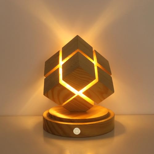 LOGT LED Holz Riss Tischleuchte Innen Vintage Akku Tischlampe Kabellose Touch Dimmbare Nachttischlampe Quadrat Batteriebetrieben Retro Nachtlicht Warmweiß Moderne Dekorativ Bettlampe für Schlafzimmer von LOGT