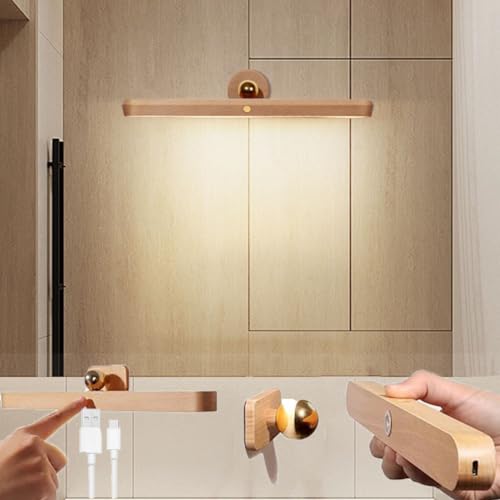 LOGT LED Holz Spiegelleuchte mit Schalter 4000K Akku Wandlampe Kabellos Bilderleuchte Batteriebetrieben Touch Spiegellampe Dimmbar Magnetische Badezimmer Lampe 360° Drehbare für Schrank Nachttisch von LOGT