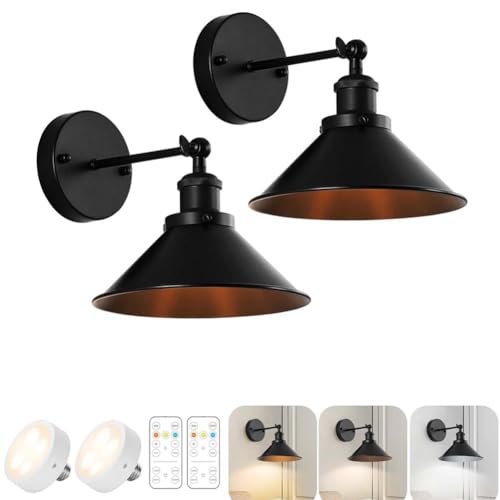 LOGT LED Kabellos Wandleuchte mit Fernbedienung Drehbar Wandlampe Batteriebetriebene Retro Industrie Wandleuchte Innen Metall Nachttischlampe mit Timer Schwenkbar Ohne Stromanschluss,Schwarz,2 von LOGT