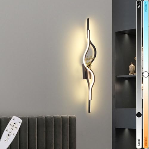 LOGT LED Lang Wandleuchte Innen 26W Schwarz/Gold Wandlampe Dimmbar mit Fernbedienung Moderne Linear Wandlicht Kurvendesign Dekorativ Nachttischlampe 3000K-6000K Aluminium Acryl,Schwarz,60CM von LOGT