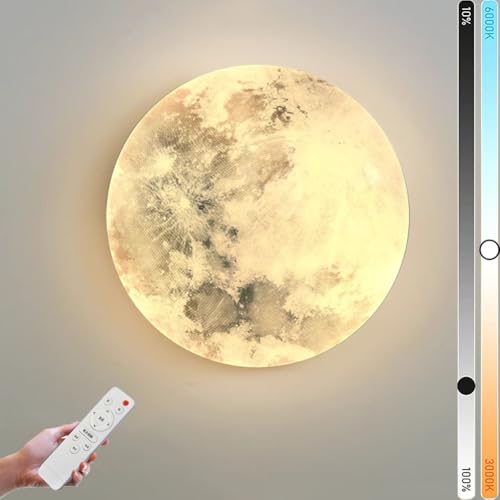 LOGT LED Mond Wandleuchte Innen Dimmbar mit Fernbedienung 48W Nachttischlampe Runde Deko Wandlampe Mond Modern Design Nacht Licht Hintergrund Wandbeleuchtung für Schlafzimmer, Wohnzimmer,A,38CM von LOGT