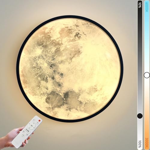 LOGT LED Mond Wandleuchte Innen Dimmbar mit Fernbedienung 48W Nachttischlampe Runde Deko Wandlampe Mond Modern Design Nacht Licht Hintergrund Wandbeleuchtung für Schlafzimmer, Wohnzimmer,B,48CM von LOGT