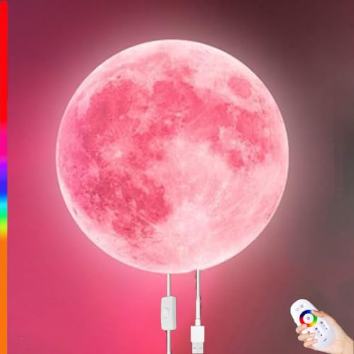 LOGT LED Mond Wandleuchte mit Fernbedienung RGB Dimmbar Runde Wandlampe Innen mit Stecker und Kabel Mond Design Lampe Wand Deko Wandbeleuchtung APP Kontrolle Nachtlampe für Schlafzimmer,27CM von LOGT