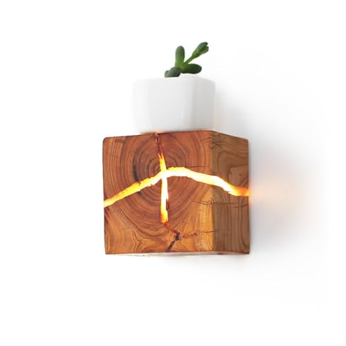 LOGT LED Rissige Holz Wandleuchte Innen Vintage Wandlampe Up Down Beleuchtung Wandbeleuchtung Holz Quadratische Retro Nachtlicht G4 Nachttischlampe für Schlafzimmer Wohnzimmer Flurlampe,B von LOGT