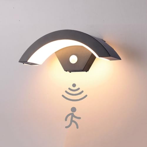 LOGT LED Schwarz Wand Sensorlampe Aussen 18W Wasserdicht IP65 Wandlampe mit Bewegungsmelder Wandleuchte aus Aluminium LED Panel Gebogenes Wandbeleuchtung Terrasse Flur Treppenhaus Garage,18W von LOGT