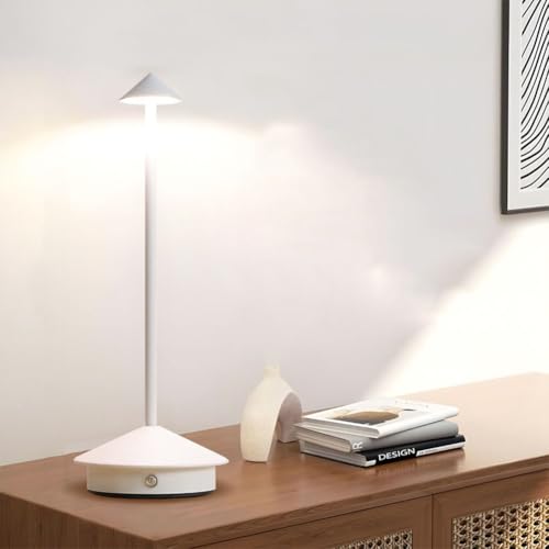 LOGT LED Tischlampe Kabellos, USB Akku Tischleuchte Touch Dimmbar Tischlampe Aufladbar Nachttischlampe Outdoor Indoor Tragbare Tischlicht Metall Aluminium für Restaurant Bar Garten Balkon,Weiß von LOGT