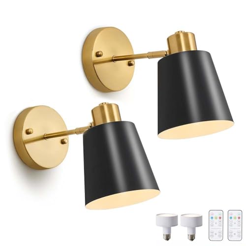 LOGT LED Wandlampe Akku Innen Wandleuchte mit Fernbedienung Drehbare Nachttischlampe Touch Control und Timer Retro Industrie Wandbeleuchtung Kabellose Verstellbar Metall Wand Leselampe,Schwarz,2pcs von LOGT