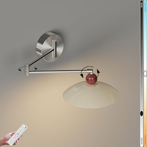 LOGT LED Wandlampe Innen 16W Nachttischlampen Schwenkarm Wandleuchten mit Gelenkarm und Fernsteuerung Wandbeleuchtung Verstellbare Langearm Wand Leselampen Ring Acrylschirm Beleuchtung Fixture Silber von LOGT