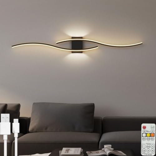 LOGT Lange Akku Wandleuchte mit Fernbedienung Dimmbar Innen Wandlampe Ohne Stromanschluss Schwarz Wandbeleuchtung Kabellose USB Aufladung Nachttischlampe LED 2 Flammig Gebogene Dekorativ,60CM von LOGT