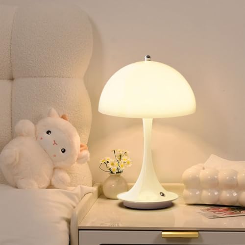 LOGT Pilz Tischlampe Kabellos mit Touch Dimmbare,LED Mushroom Lamp Akku Tischleuchte Aufladbar 3000K-6000K Nachttischlampe Weiß Acryl schirm Leselampe Tragbare modern Schreibtisch Lampe,Weiß von LOGT