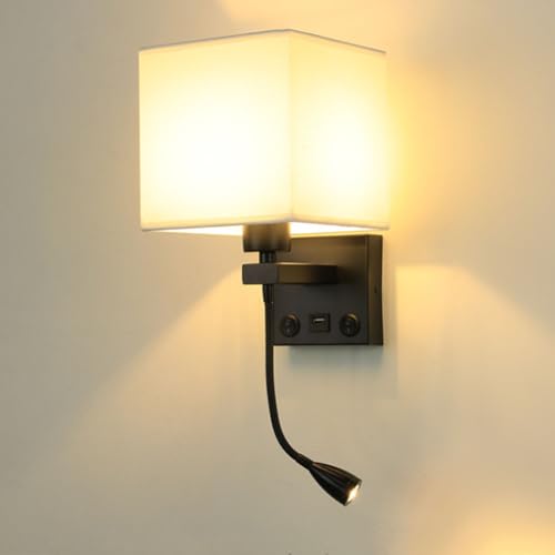 LOGT Quadratische Innen Wandleuchte Schwarz LED Rundes Leselampe 360°Drehbar Wandlampe USB Aufladung Mit Schalter Beige Stoffschirm Bettleuchte E27 für Schlafzimmer Wohnzimmer Studierzimmer LOGT Quadratische Innen Wandleuchte Schwarz LED Rundes Leselampe 360°Drehbar Wandlampe USB Aufladung Mit Schalter Beige Stoffschirm Bettleuchte E27 für Schlafzimmer Wohnzimmer Studierzimmer von LOGT