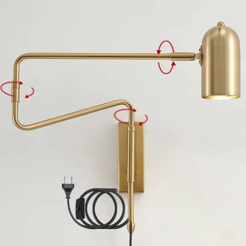 LOGT Retro Wandlampe Innen mit Schalter und Stecker Wandleuchte mit Kabel Verstellbare Lange Arm Wand Leselampe Gold Faltbar E27 Wandbeleuchtung mit Schwenkarm Nachttischlampe Drehbare,Gold von LOGT