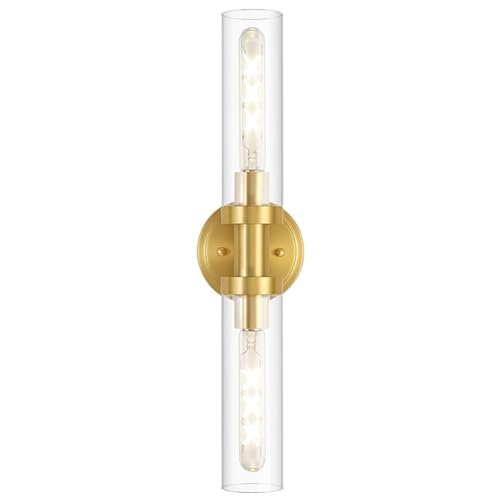 LOGT Spiegelleuchte Badezimmer Kristall Wandlampe Spritzwassergeschützt Spiegellampe Rund Glasschirm Wandbeleuchtung Innen E12 Metall Wandleuchte Kein Flimmern Schminklicht Badlampe,Gold von LOGT