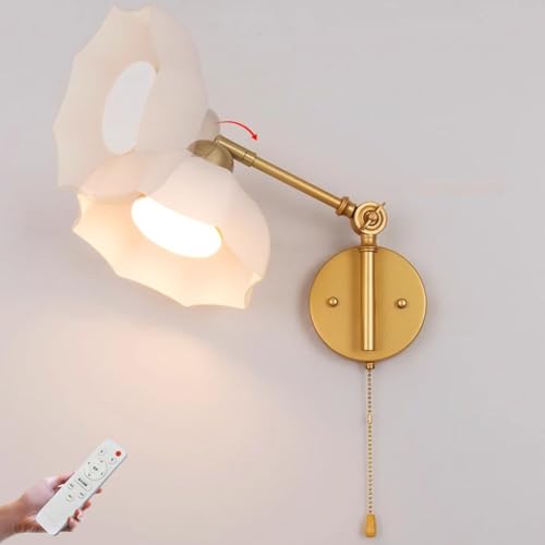 LOGT Swing Arm LED Wandleuchte Dimmbar Fernbedienung und Touch Schalter Wandlampe Messing Verstellbarer Lange Arm Wand Leselampe mit Gelenkarm Blumen Design Deko Wandbeleuchtung 360° Drehbare Innen von LOGT