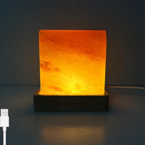 LOGT USB-Schnittstelle Salzlampe LED 1.0-1.5 kg (Salzkristalllampe Bekannt als Himalaya Salz) Quadratisches Design Holzsockel Handgearbeitetem Salzstein Aus Der Salt Range Pakistan Auf Einem von LOGT