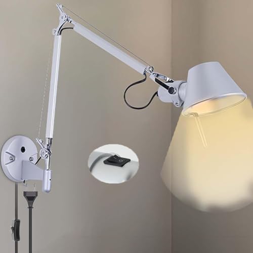 LOGT Verstellbar Wandleuchte Schwenkarm Vintage Wandlampe Lange Arm Nachttischlampe mit Schalter und Stecker Wand Leselampe mit Kabel 360° Drehbare Wandspot mit Gelenkarm Wandbeleuchtung Innen Vintage von LOGT