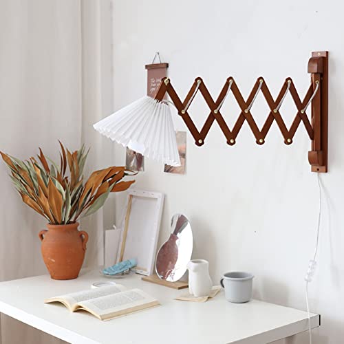 LOGT Wandlampe Innen Holz Vintage Mit Schalter Und Stecker E27 Ausziehbare Wandleuchte Mit Kabel 2.5M Scherenlampe Retro Wandleselampen Verstellbar Schlafzimmer Nachttischlampe Mit Stoffschirm von LOGT