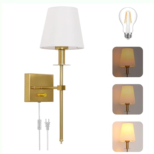 LOGT Wandleuchte Innen Dimmbar, E27 Wandlampe mit Schalter und Stecker Gold mit Stoffschirm, Nachttischlampe mit Kabel, Modern Wandbeleuchtung für Wohnzimmer, Schlafzimmer, Büro,1 pack von LOGT