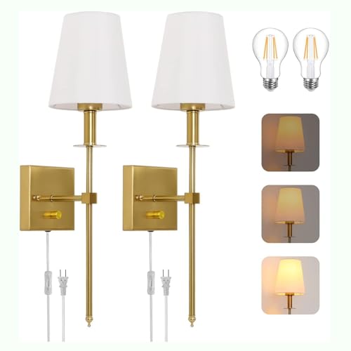 LOGT Wandleuchte Innen Dimmbar, E27 Wandlampe mit Schalter und Stecker Gold mit Stoffschirm, Nachttischlampe mit Kabel, Modern Wandbeleuchtung für Wohnzimmer, Schlafzimmer, Büro,2 pack von LOGT