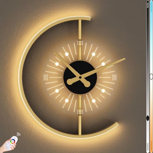 LOGT Wanduhr, Wandpendel Moderne LED Innen Runde Wandlampe Gold mit Fernbedienung Dimmende Uhr-Wandleuchte, Wanduhren Tickt Nicht Geräuschloses Nachttisch lamp Wand Deko für Wohnzimmer Schlafzimmer von LOGT