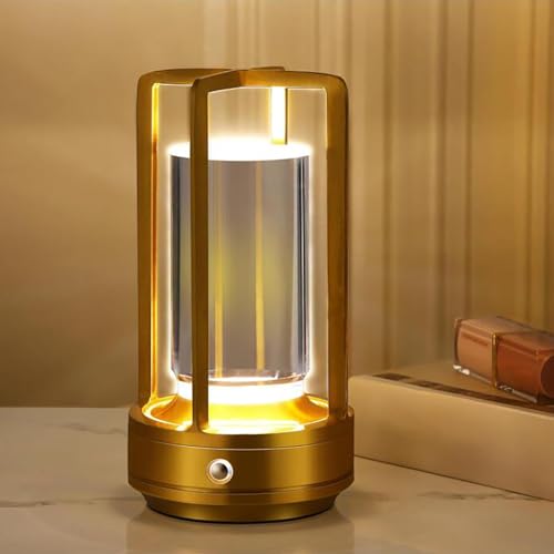 Tischlampe Akku, LED Tischleuchte Kabellos Touch Dimmbar, Kristall Lampe Tragbare USB-C Aufladung Nachttischlampe Indoor Outdoor Schreibtischlampe Campinglampe für Restaurant Schlafzimmer Bar,Gold von LOGT