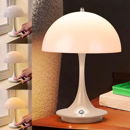 Tischlampe Kabellos mit Touch Dimmbare LED Akku Pilz Tischleuchte USB Aufladbar Schreibtisch Lampe Weiß Acryl Lampeschirm Nachttischlampe Mushroom Leselampe 3000K-6000K für Schlafzimmer Restaurant Bar von OOWOKS