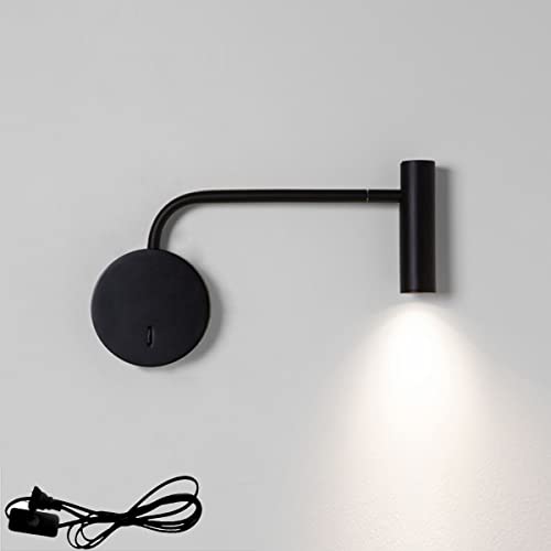 Wandlampe Innen Mit Schalter Und Stecker 3W LED Wandleuchte Mit 1.5M Kabel Verstellbar Wand Leselampe Nachttischlampe Warmweiß 3000K Wandspot Flurlampe Für Wohnzimmer Schlafzimmer Hotel Lernen,Schwarz von LOGT