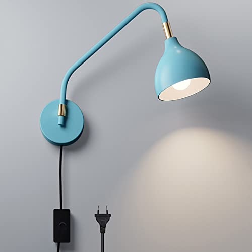 Wandleuchte Vintage Innen, Industrial Retro Wandlampe Mit Schalter Und Stecker 180 ° Drehbar Langer Arm Wandbeleuchtung Schlafzimmer Nachttischlampe Verstellbare Wandleselampen E27 Blau Weiß von LOGT