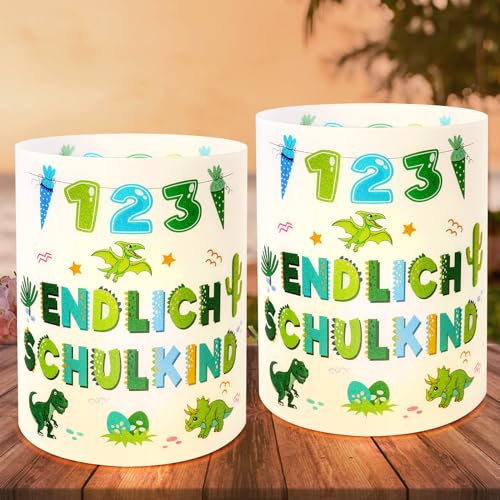 LOHAME 12 STK Windlicht Tischdeko Einschulung Junge Endlich Schulkind Deko Jungen Schulanfang Tisch Deko Dino Einschulungsdeko mit ABC Zuckertüte Dinosaurier Geeignet für Teelichter Order Kerzen von LOHAME