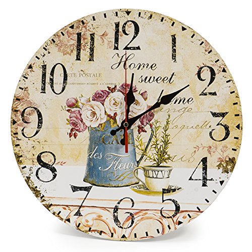 LOHAS Home 12 Zoll/30CM Holz Wanduhr/Küchenuhr im Landhausstil Stille Nicht-tickende für die Küche,Home Office, Wohnzimmer und Schlafzimmer (Cafe & Blumen) von LOHAS Home