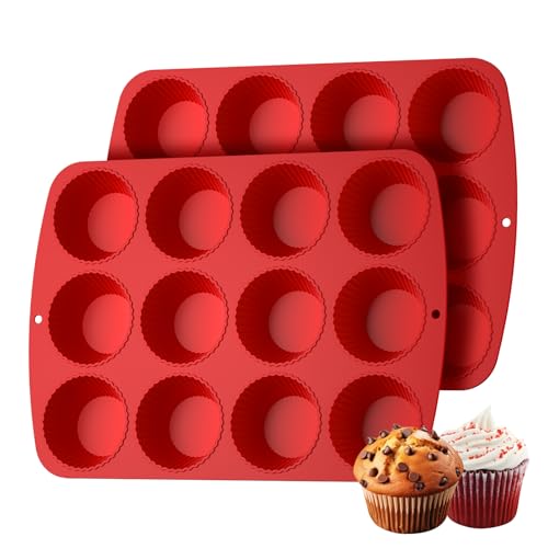 Muffinform Silikon muffinförmchen Backblech für 12 Muffins - 2 Stück Mini Muffin Backform 32x23cm Muffinformen Förmchen BPA-Freie, Antihaftbeschichtung für Backen, Eincreme und Pudding (2, Rot) von LOHOTEK