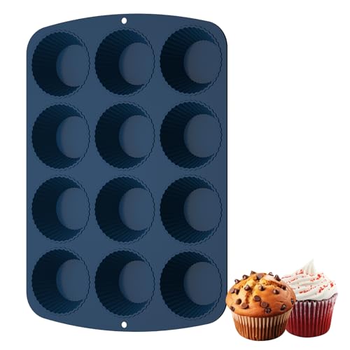 Silikon Muffinform 12 Muffins Muffinförmchen Backformen - Silikonform Backblech Antihaftbeschichtet Silikonformen Muffinformen BPA frei Cupcakeförmchen für Kuchen, Eincreme und Pudding (1, Dunkelblau) von LOHOTEK