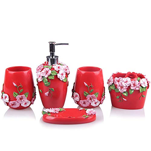 LOHOX Bad-Accessoires-Set 5-teilig Blumen-Design Bloom Badezimmer-Set Seifenspender, Zahnbürstenhalter/Zahnputzbecher, Seifenschale von LOHOX