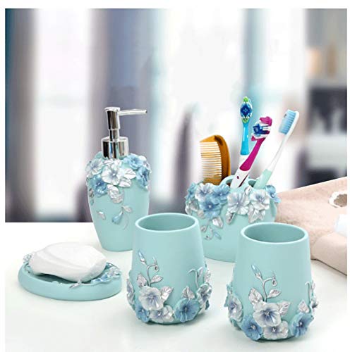 LOHOX Bad-Accessoires-Set 5-teilig Blumen-Design Bloom Badezimmer-Set Seifenspender, Zahnbürstenhalter/Zahnputzbecher, Seifenschale von LOHOX