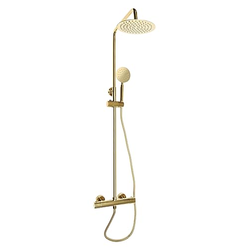 Duscharmatur Duschpaneel Handbrause Regendusche Rund Regenduschkopf Anti-Kalk-Duschsystem mit Thermostat Regenbrausegarnitur Brausegarnitur Brausesäule Messing Gold von LOIRIIC