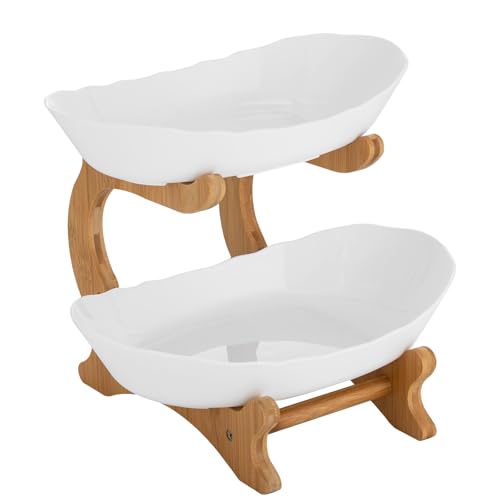 LOIRIIC 2 Stöckig Fruchtkuchen Stehen, Obstschale Kunststoff, Obst Etagere mit Natürlichem Bambus Ständer, Obstkorb Etagere, Obst Etagere Obstschale Küchendekoration Gemüse Obst Snacks (Weiß) von LOIRIIC