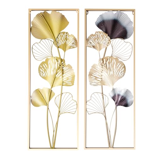 LOIRIIC 2er-Set Metall 3D Ginkgo Wanddeko,Wandbild Ginkgo Blätter Skulptur Wandschmuck Metall Wanddeko 2pcs 85×31×5cm Gold,Schlafzimmer Wanddekoration Wohnzimmer von LOIRIIC