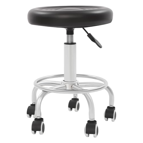 PU Leder Runde Rolling Stool mit Fußstütze, 360°-Drehdesign Swivel, 45–57cm Höhenverstellung, Spa Zeichnung Salon Tattoo Arbeit Büro Massage Hocker Task Chair bis 150kg (schwarz) von LOIRIIC