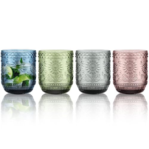 LOITTAINUE Trinkgläser Set Bunt - Gläser Set 4 Teilig 360ml Farbig Wassergläser mit Moderne Blume Geprägtem Design - Saftgläser Spülmaschinenfest für Wasser, Drink, Saft, Party, Garten von LOITTAINUE