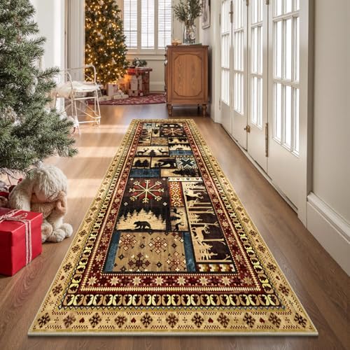 LOKHOM Läufer mit Weihnachtsbär, rutschfest, waschbar, für Flur, mit Gummi-Rückseite, niedriger Flor, weich, Weihnachten, Vintage, Westernbüffel, Küchenteppich für Waschküche, Schlafzimmer von LOKHOM