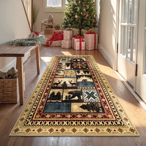 LOKHOM Läufer mit Weihnachtsbär, rutschfest, waschbar, für Flur, mit Gummi-Rückseite, niedriger Flor, weich, Weihnachten, Vintage, Westernbüffel, Küchenteppich für Waschküche, Schlafzimmer von LOKHOM