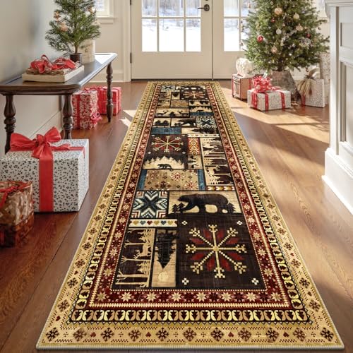 LOKHOM Läufer mit Weihnachtsbär, rutschfest, waschbar, für Flur, mit Gummi-Rückseite, niedriger Flor, weich, Weihnachten, Vintage, Westernbüffel, Küchenteppich für Waschküche, Schlafzimmer von LOKHOM