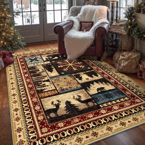 LOKHOM Weihnachtsbär-Teppich, rutschfest, waschbar, Wohnzimmerteppich mit Gummi-Rückseite, niedriger Flor, weich, Weihnachten, Vintage, Westernbüffel, Schlafzimmerteppich, Bodenteppich für von LOKHOM