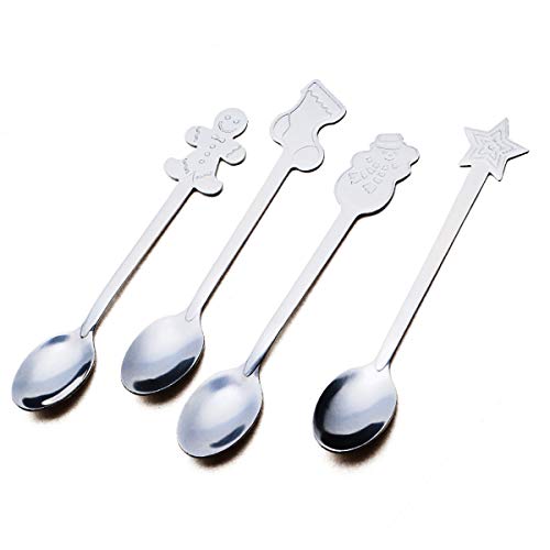 LOKIH 4Tlg Set Weihnachten Löffel Set Edelstahl-Kaffeelöffel Eiscreme-Löffel Tee Suppe Zucker Dessert Vorspeise Löffel Weihnachten Geschirr, Silber von LOKIH