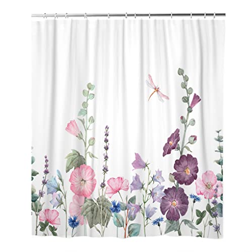 LOKMU Duschvorhang Sommer Rosa Aquarell Malve Blumen Libelle Wasserdicht Maschinenwaschbar Stoff Badezimmer Dekor Badvorhänge mit Haken 183 x 190 cm von LOKMU