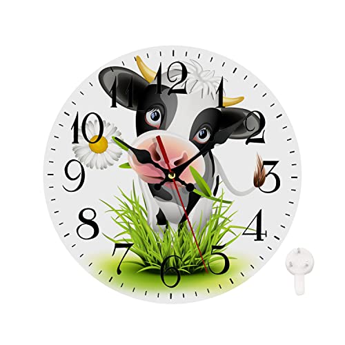 LOKMU Leise, nicht tickende Uhr, 25,4 cm, runde Wanduhr, dekorativ für Wohnzimmer, Küche, Zuhause, Bad, Schlafzimmer, Büro oder Schule, niedliche Kuh in grünem Gras von LOKMU